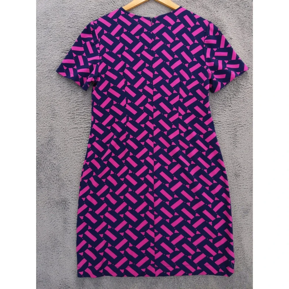 Trina‎ Turk Shift Dress Womens L Pink Navy Blue Geometric Short Sleeve